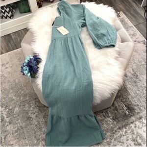 Teal Blue 3/4 Sleeve Crinkle Cotton Material  Maxi Dress Sz Small NEW!